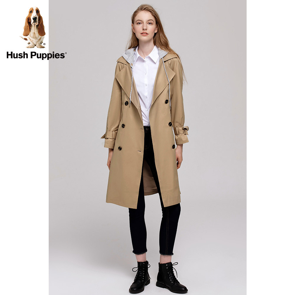 hushpuppies暇步士女装2020新收腰显瘦连帽长款风衣风衣
