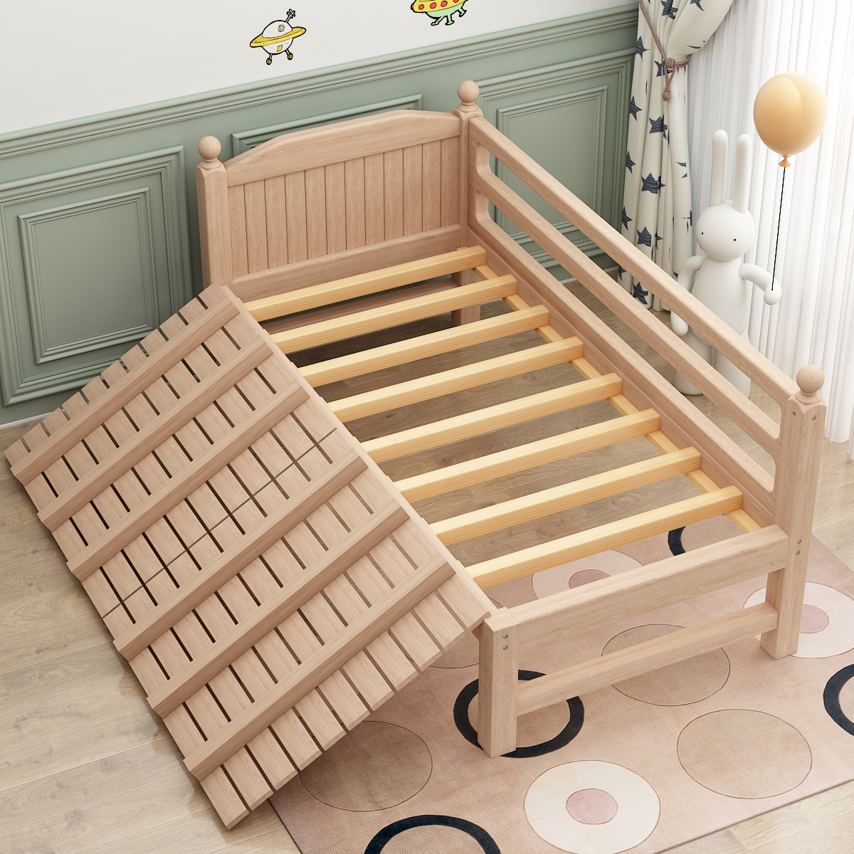 榉木单人拼接小床加宽床边单人床储物实木女孩儿童床