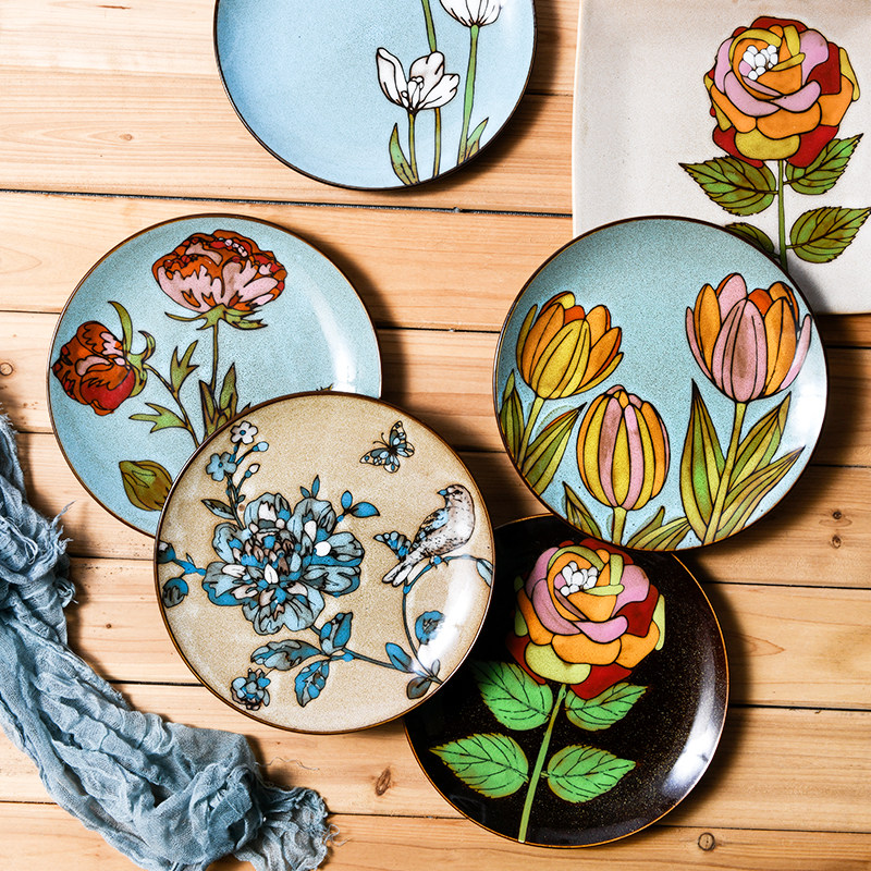 创意手绘餐盘家用陶瓷碟子菜盘点心特色餐厅盘