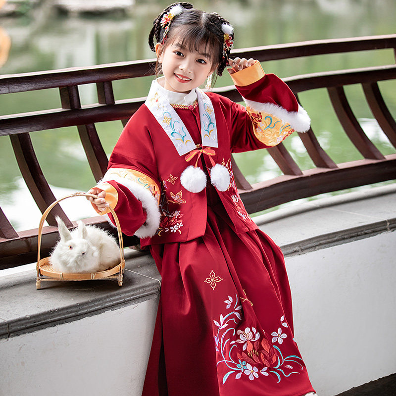 汉服女童冬季加绒加厚古装2021新款红色儿童中国风拜年服超仙唐装