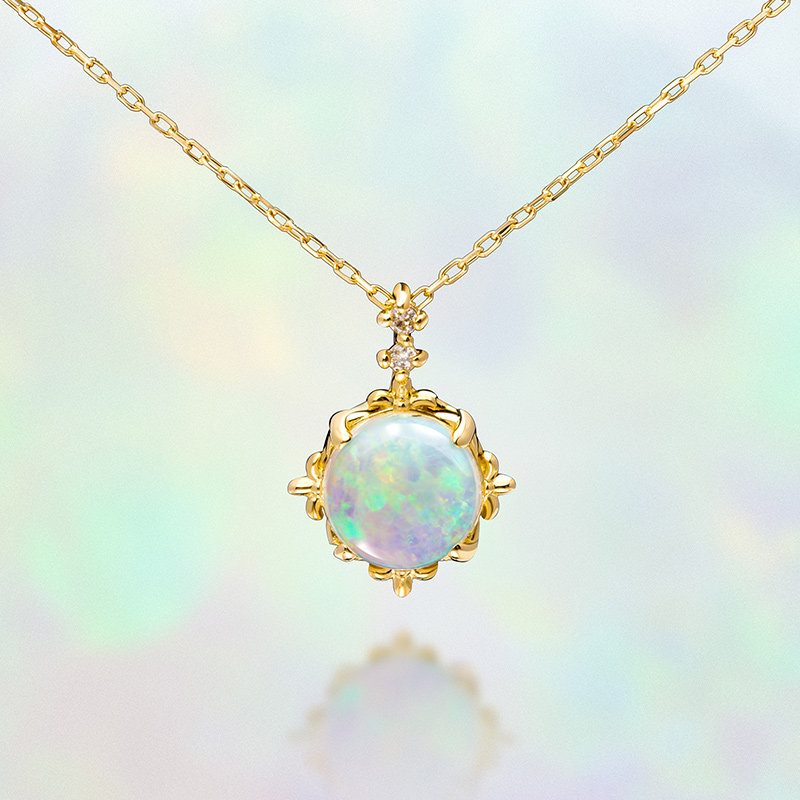 欧泊锁骨优雅复古彩宝爪镶吊坠直营白欧泊黄金项链