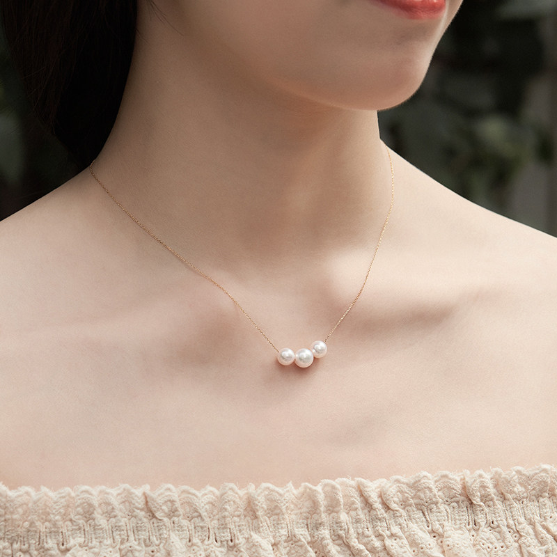 18k锁骨路路通微笑三珠金正自营项链珍珠海水颈饰