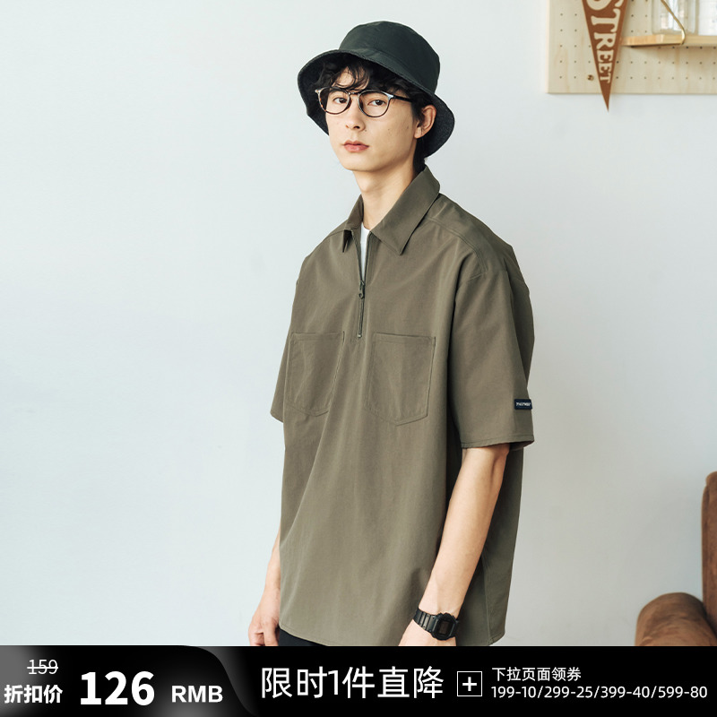 714street日系短袖简约衬衫男2022夏季polo衫情侣t恤休闲男装衬衣