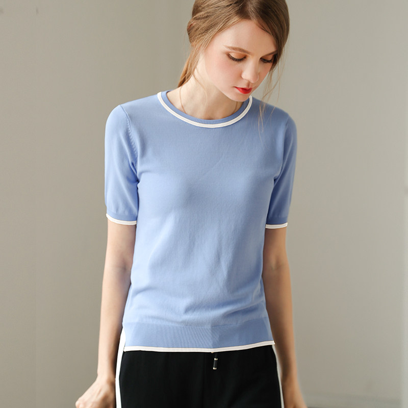 冰丝针织衫女短袖上衣夏季2020新款圆领百搭半袖女修身打底衫薄款