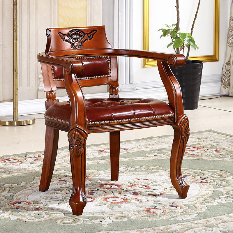 美式真皮餐椅实木欧式餐桌椅子家用书房扶手餐椅