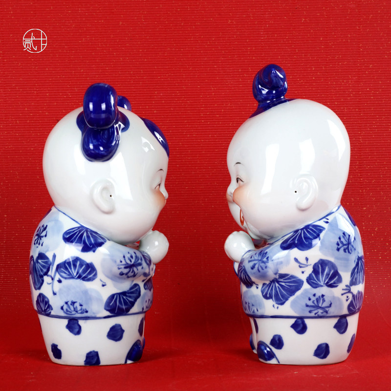 景德镇求子陶瓷娃娃雕塑青花恭喜发财客厅装饰招财吉祥摆件