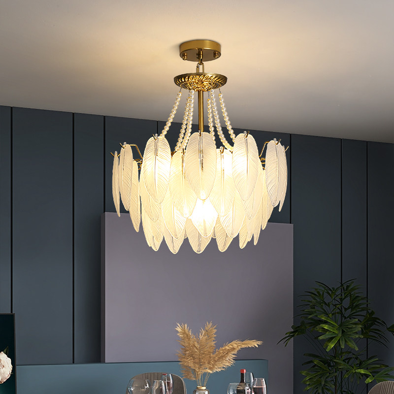 2021年新款轻奢卧室吊灯现代简约法式网红羽毛毛玻璃客厅吊灯