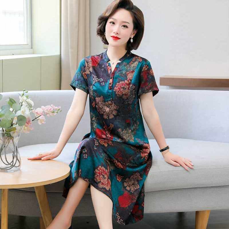 重磅真丝连衣裙桑蚕丝大码50岁夏装中老年妈妈改良印花旗袍裙子女