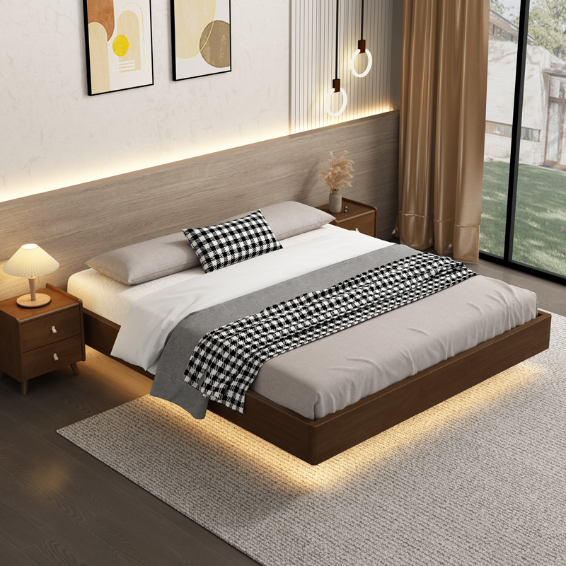 网红悬浮无床头床侘寂风极简地台悬空日式榻榻米箱体床实木床架子 848