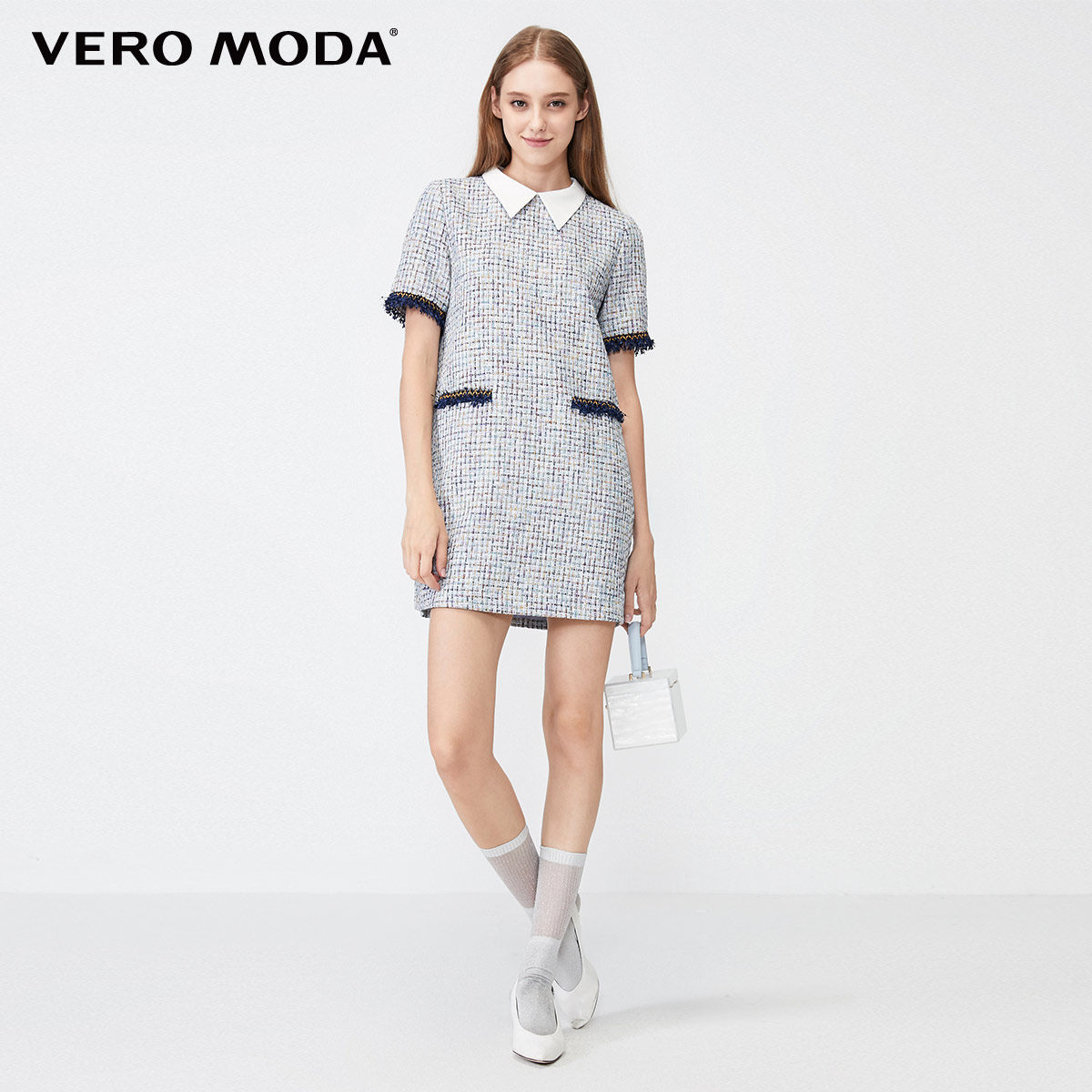 veromoda夏季新款小香风花呢翻领拉链宽松连衣裙连衣裙