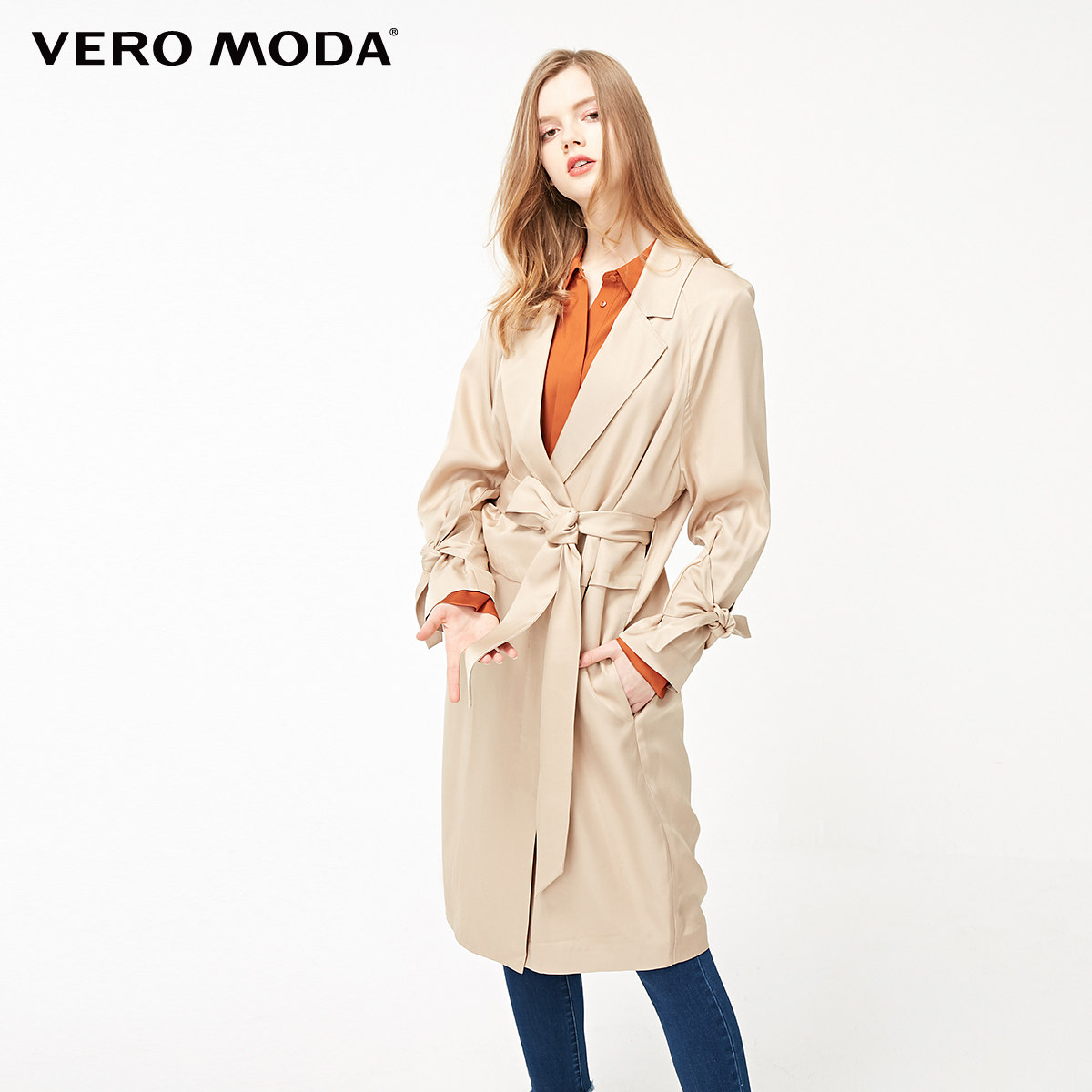 veromoda奥莱专享清仓春季职场绑带翻领中长风衣