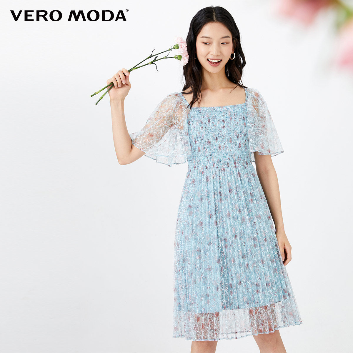 veromoda夏季新款仙女蕾丝碎花初恋镂空空方连衣裙