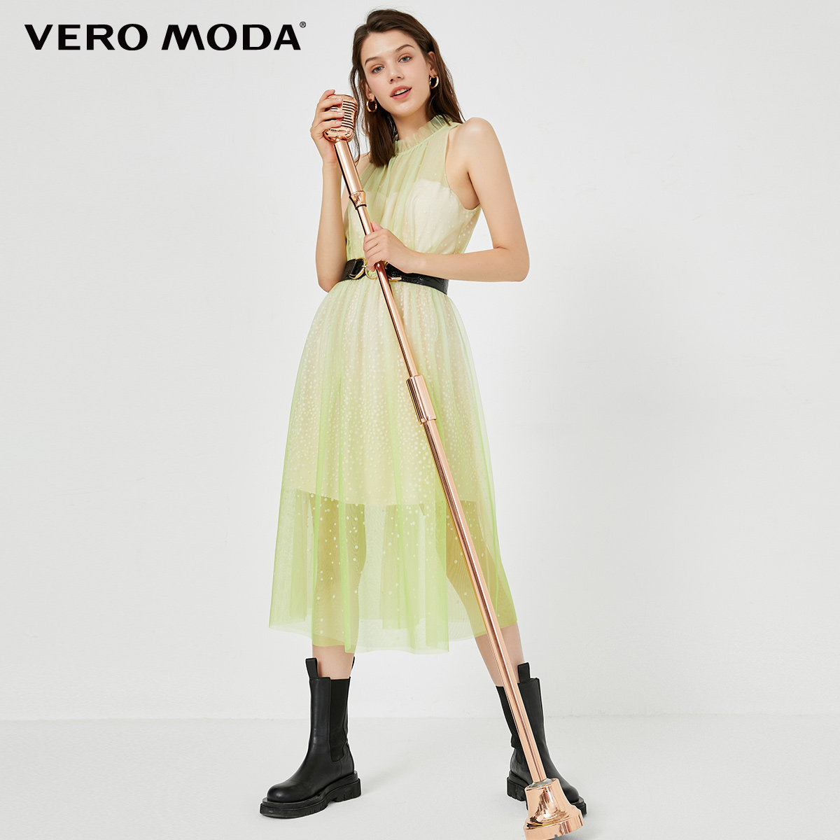 veromoda奥莱早春清仓波点无袖梦幻蕾丝雪纺连衣裙