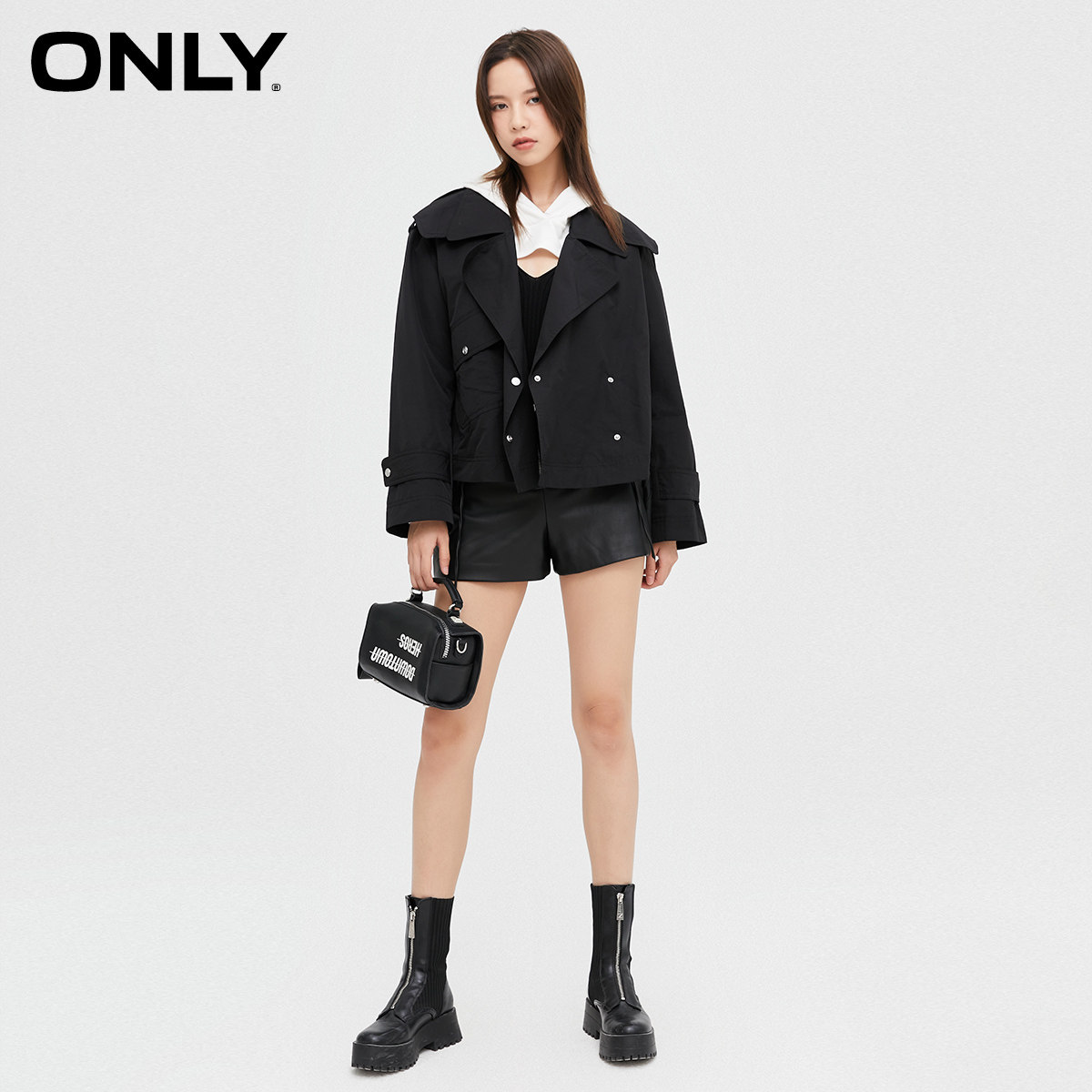 only2021冬季新款宽松短款风衣外套女