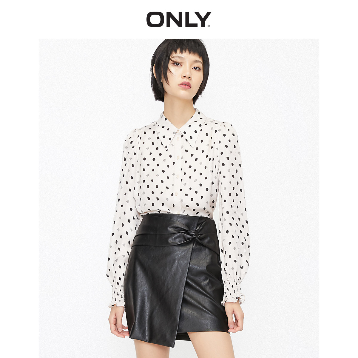 only奥莱春夏新款波点复古设计长袖雪纺衬衫衬衫