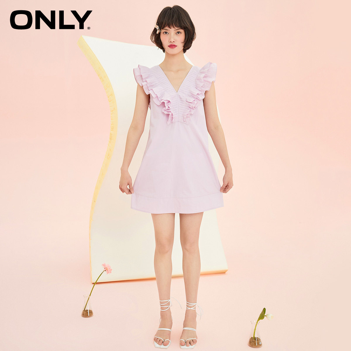 only2021秋季新款荷叶边短款无袖轻熟连衣裙女