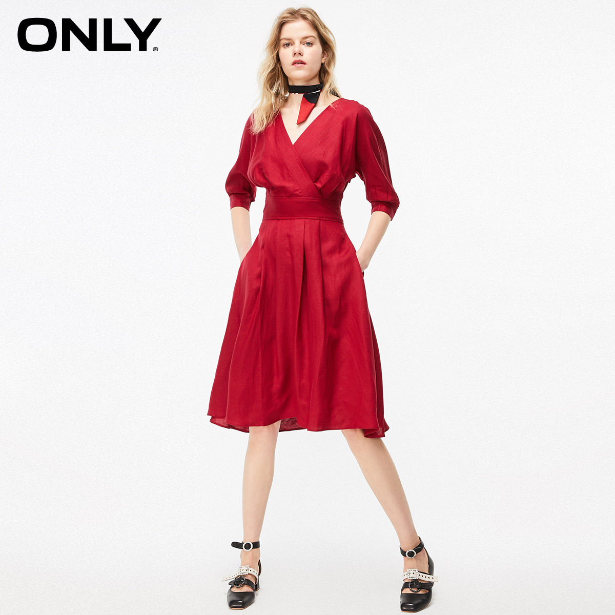 only连衣裙七分春夏收腰红色复古桔梗新款119207573连衣裙