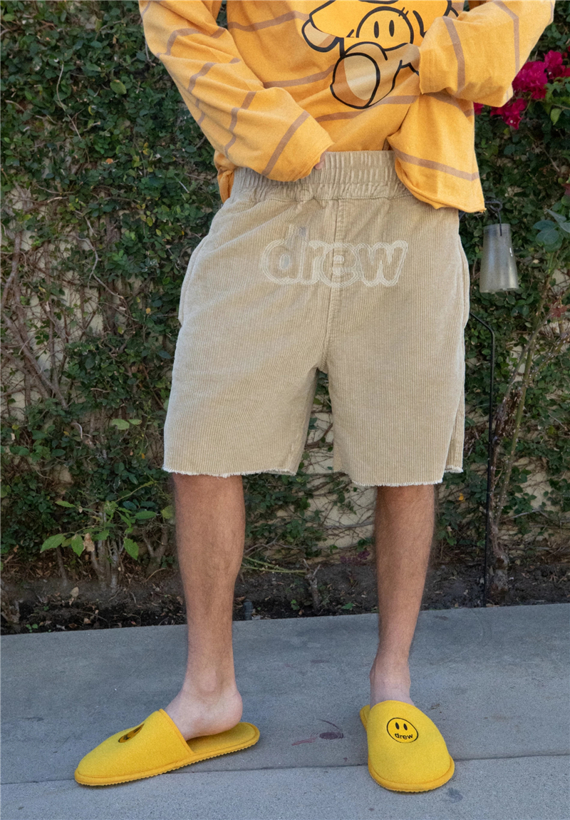 Drew笑脸猪窝 Corduroy贾斯汀比伯同Drew刺绣灯芯绒卡其工装短裤