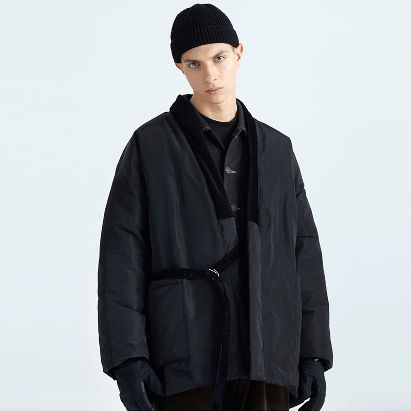 decesolo日系复古灯芯绒拼接白鸭绒道袍羽绒服男冬可拆卸腰带外套