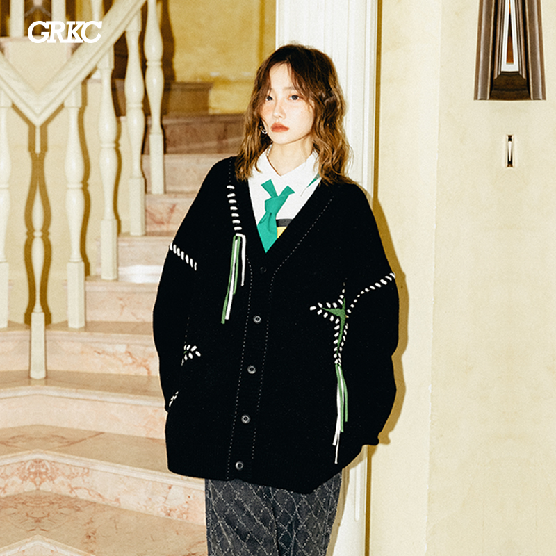 GRKC星星流苏开衫毛衣国潮牌街头嘻哈情侣秋季宽松百搭开衫外套