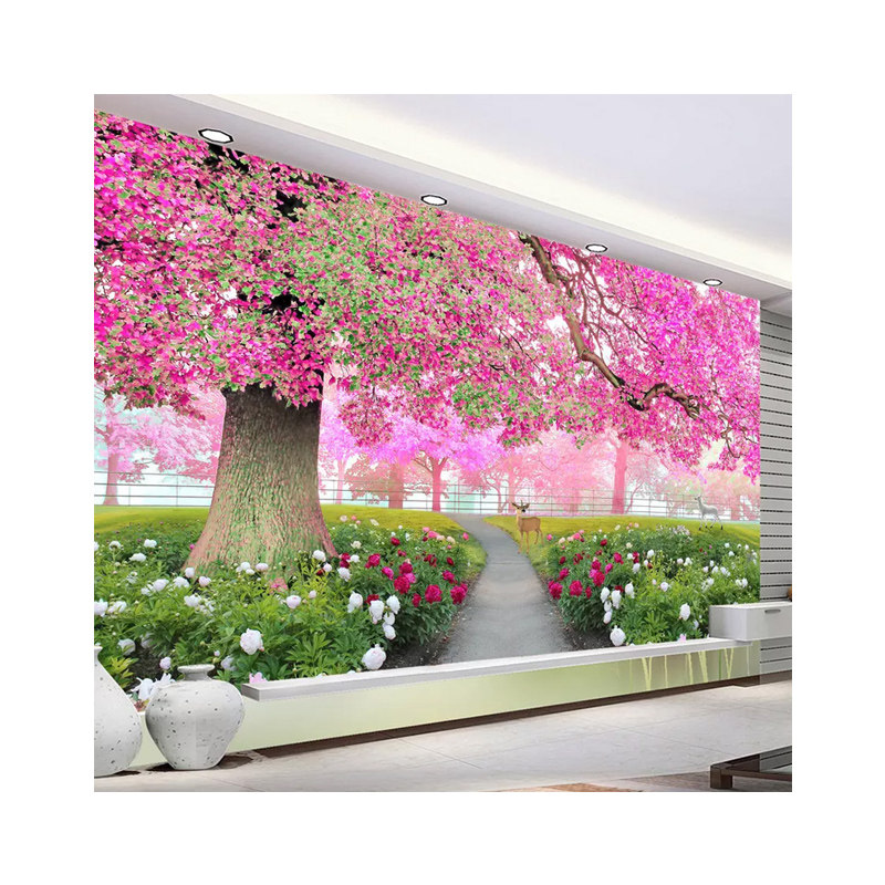 现代9d樱花风景温馨壁画电视背景墙壁纸卧室客厅沙发花卉装饰墙布