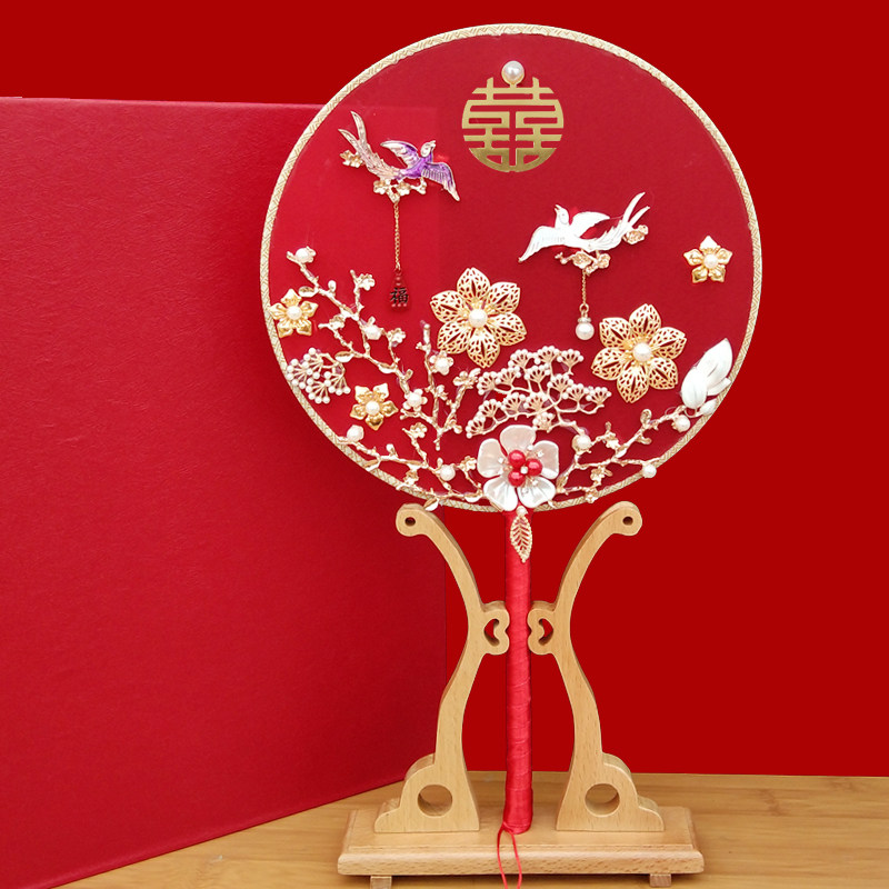 古风新娘秀禾团扇结婚礼中式手捧花出嫁红色喜扇子diy材料包成品