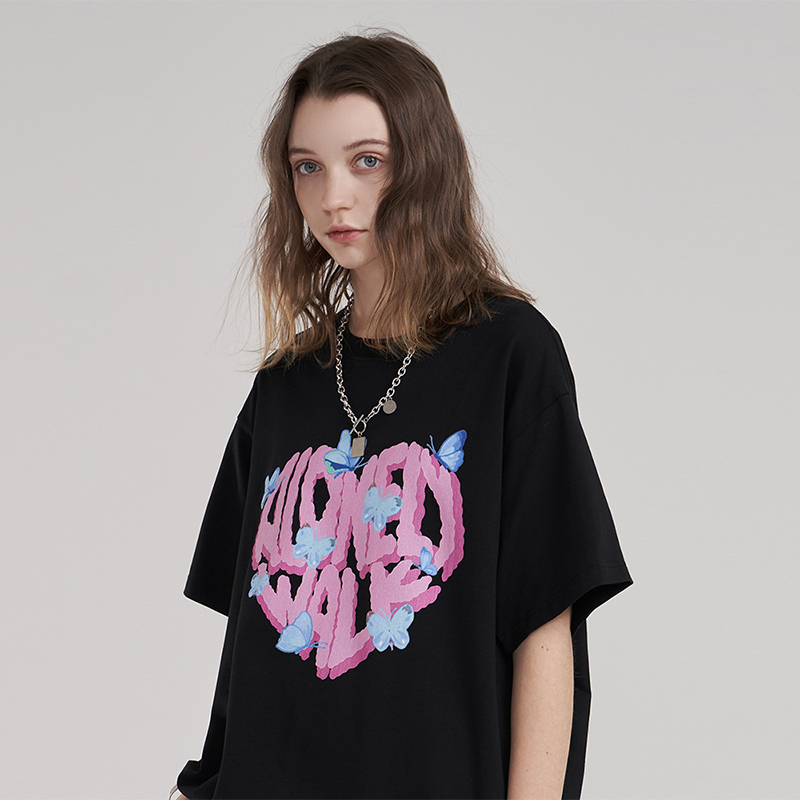 Alonely walk 新款粉色蝴蝶爱心印花短袖男女情侣款国潮牌宽松T恤