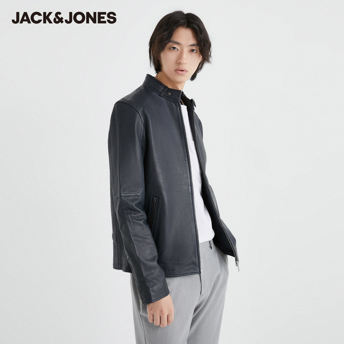 jackjones杰克琼斯outlets春男商务休闲百搭防风机车真皮皮衣