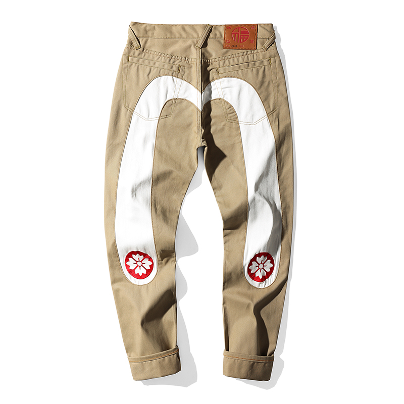 刘福神裤子男大白樱花刺绣拼接潮流长裤卡其色纯棉大码宽松直筒裤