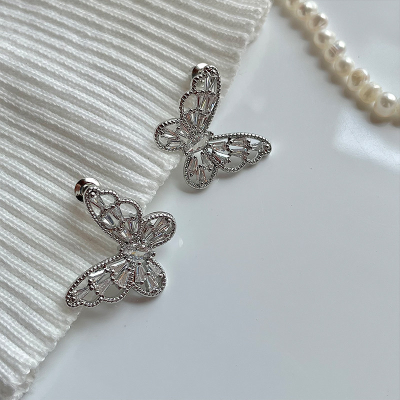 秦岚鞠婧祎同款蝴蝶耳钉s925银针欧美法式简约耳钉