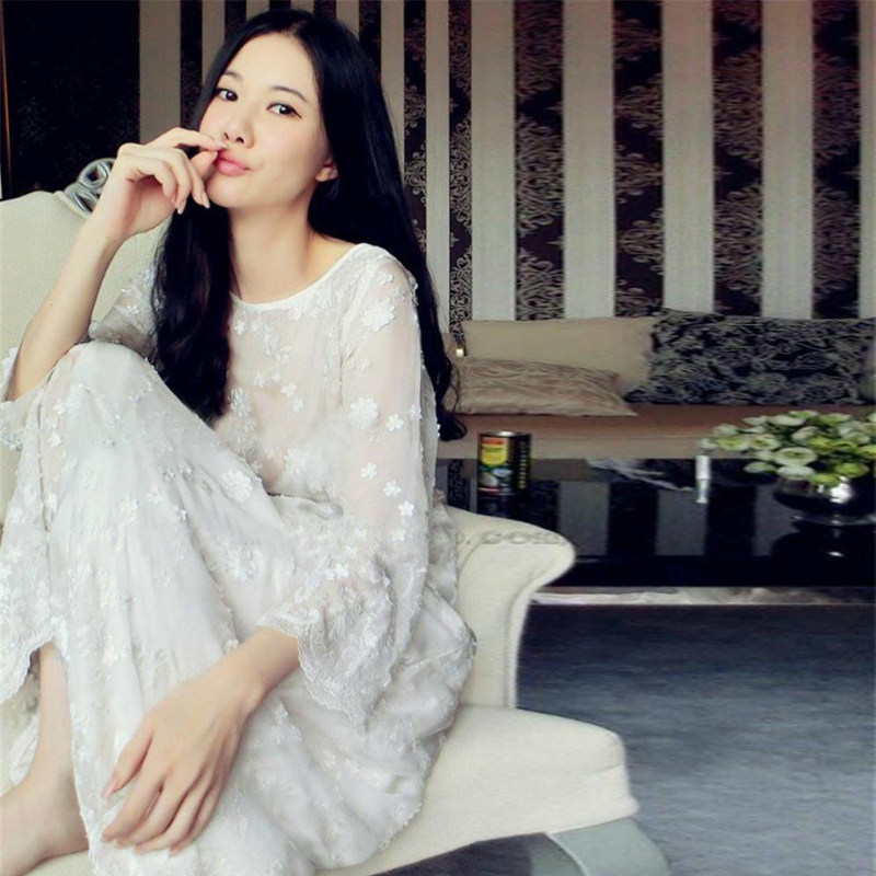 刘美人刘钰懿真丝睡衣女长袖性感吊带长睡裙两件套家居服公主夏季