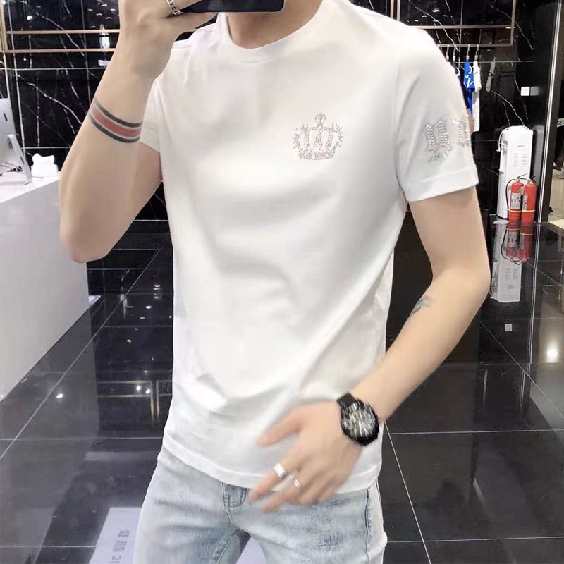 欧货短袖T恤男2022夏季新款潮牌皇冠烫钻丝光棉百搭修身半袖体恤