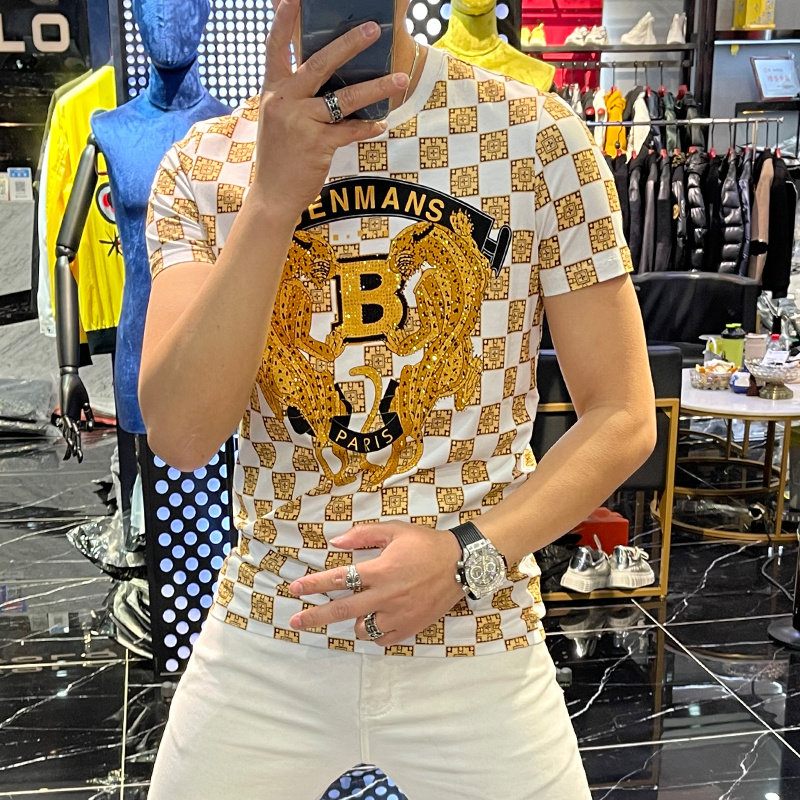 欧洲站2022夏季新款潮牌重工烫钻印花T恤男个性修身圆领短袖体恤