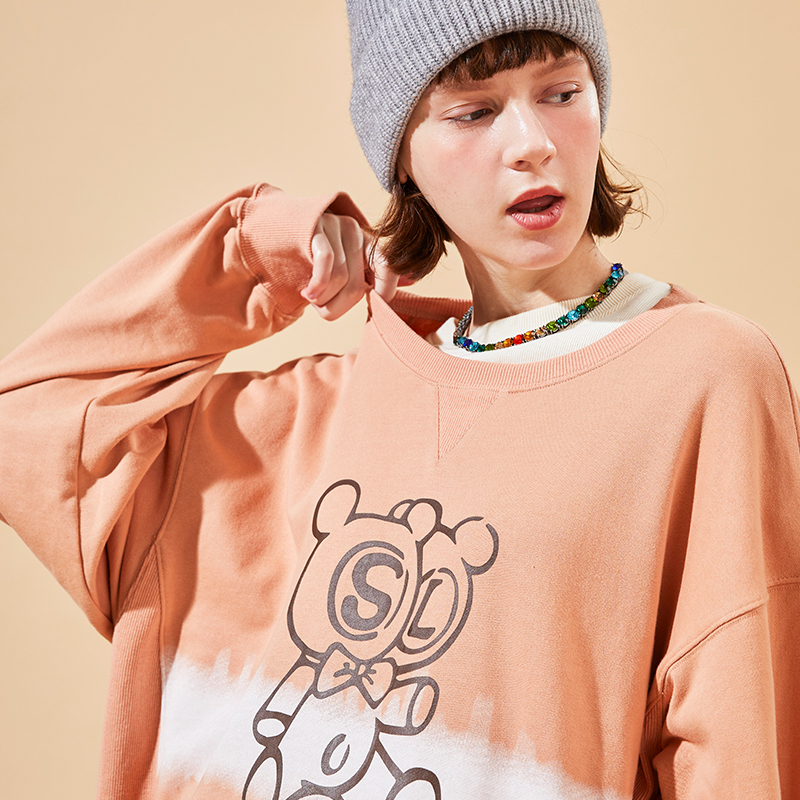 SENCE LA卡通小熊印花渐变卫衣男圆领套头国潮上衣