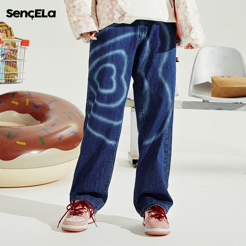 SENCE LA原创设计逆转爱心牛仔裤宽松直筒水洗长裤