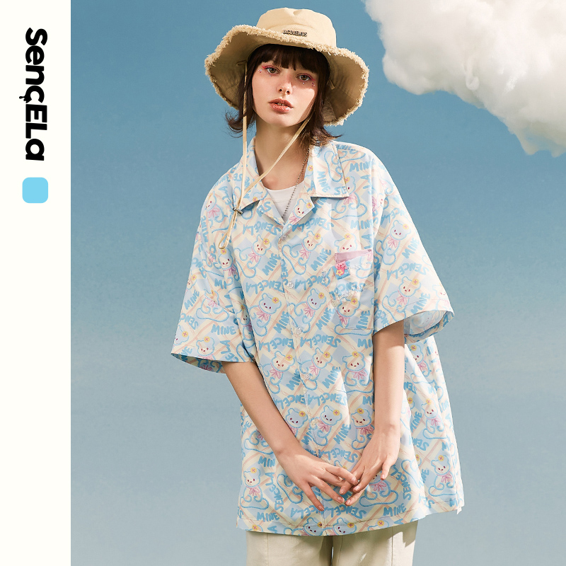 SENCE LA杨超越 张星特同款满印小熊短袖衬衫oversize潮牌情侣装