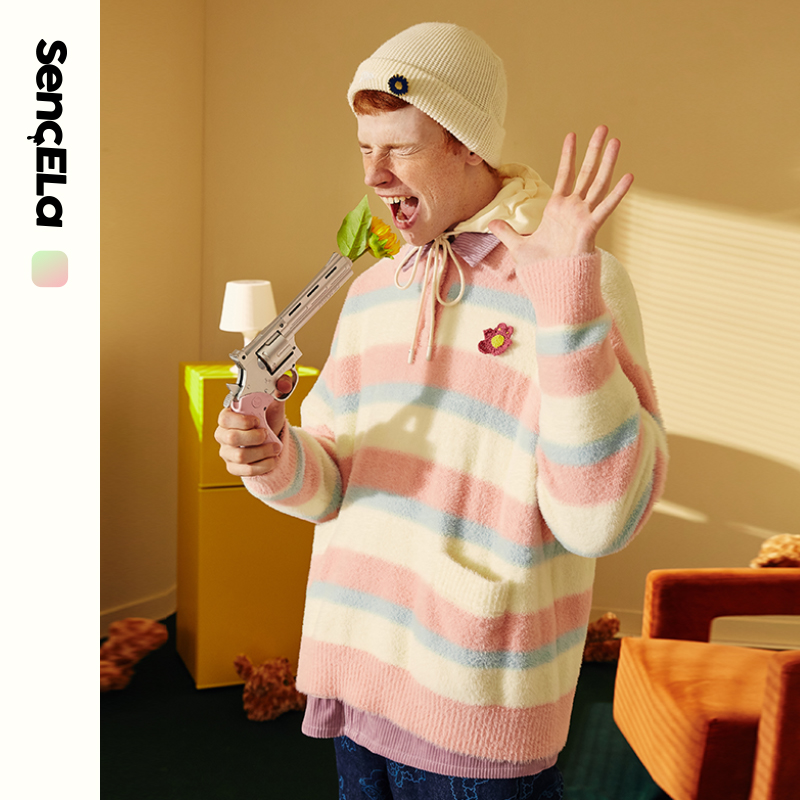 SENCE LA彩虹条纹翻领毛衣春秋季套头情侣装小花熊钩花毛绒针织衫