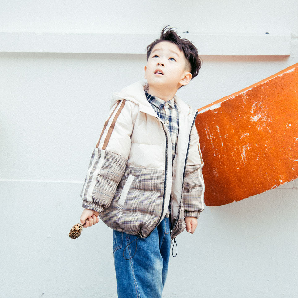 伴伴象婴幼儿童羽绒服新款冬装格子外套厚实保暖男女童连帽羽绒服
