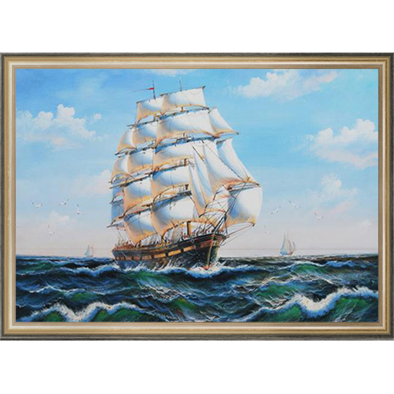 现代手绘油画客厅装饰画手工风景画一帆风顺海景帆船油画