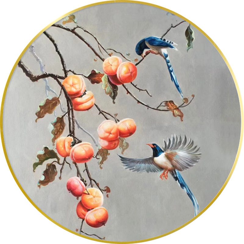 新中式如意装饰画玄关油画手绘柿子事事框挂画圆形油画
