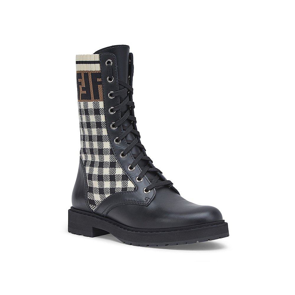 香港直发fendi芬迪时装女士黑色皮革系带骑士时装靴