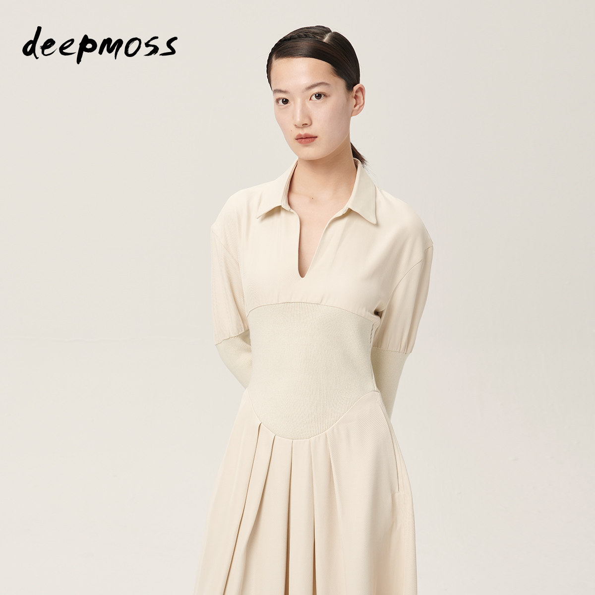 deepmoss设计师品牌2021早秋新款时尚乳白斜纹拼接连衣裙连衣裙
