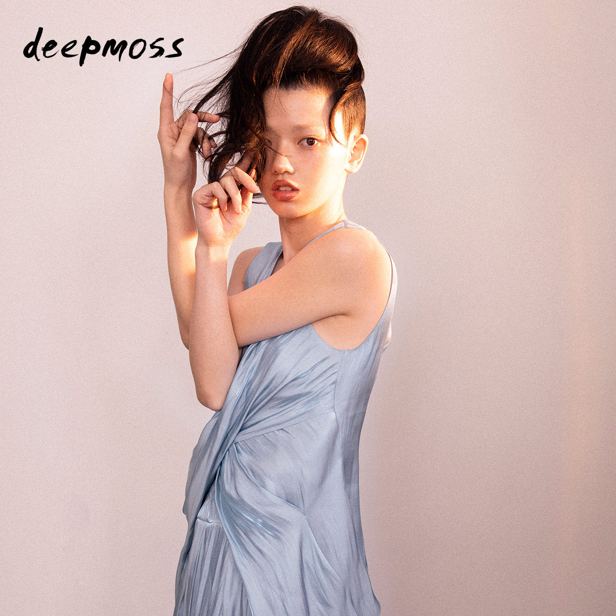 deepmoss设计师品牌蓝色时尚气质领水无袖交叠衬衫上衣衬衫