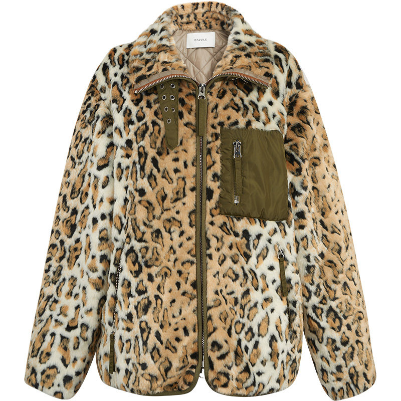 dazzle地素奥莱春装奶豹纹仿皮草毛绒外套宽松皮草