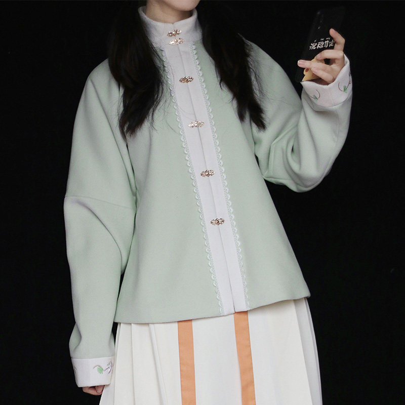 十九原创春华秋实纯色毛呢立领对襟短袄秋冬明制汉服