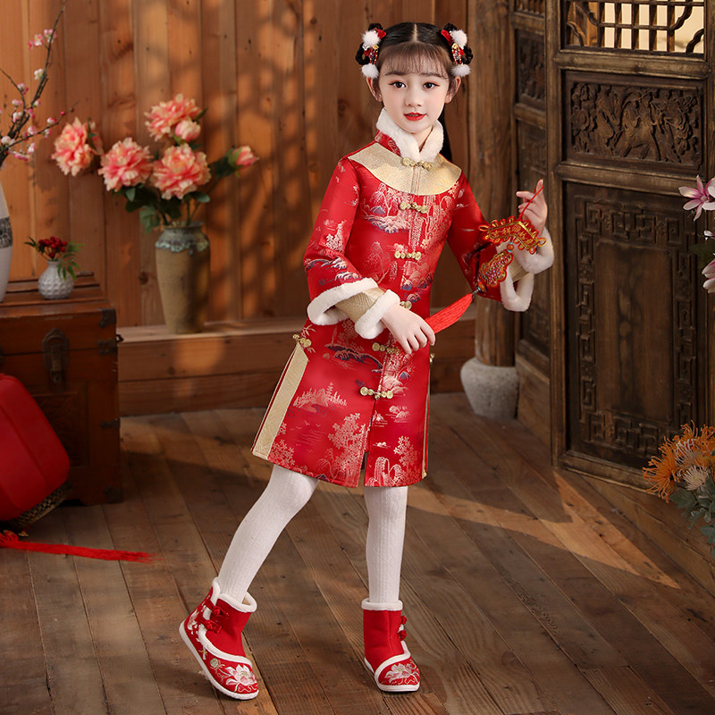 汉服女童冬装新年唐装拜年服女孩红色儿童过年宝宝衣服中国风加厚