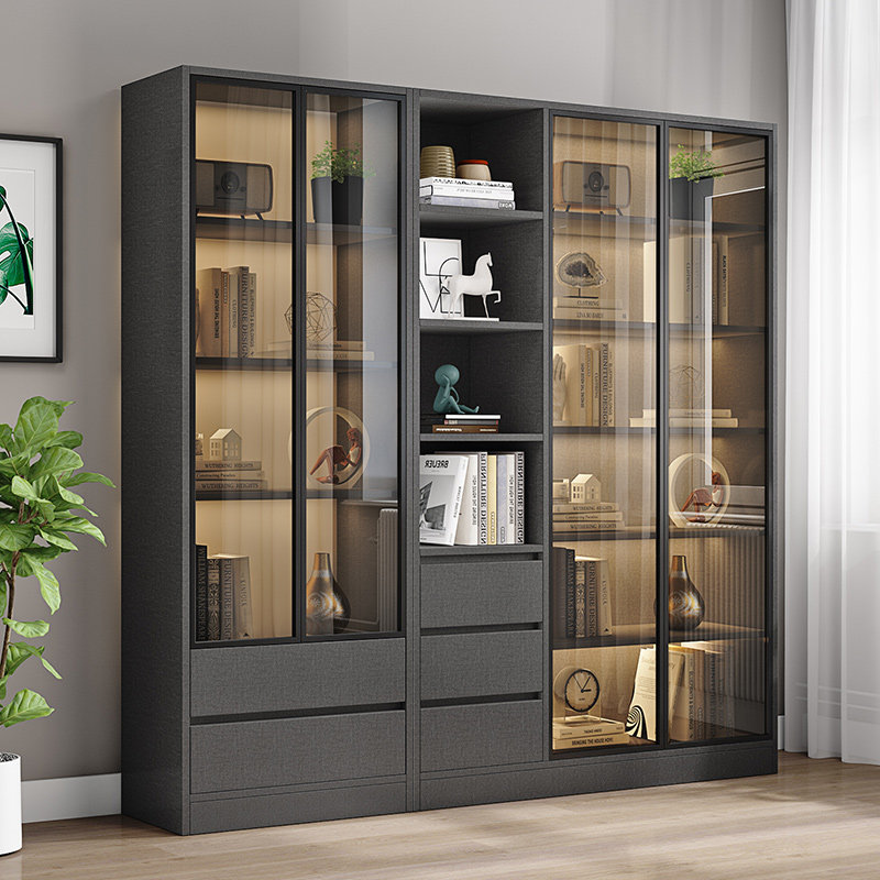 轻奢玻璃门书柜北欧简约现代展示柜子书房书橱客厅整墙实木储物柜