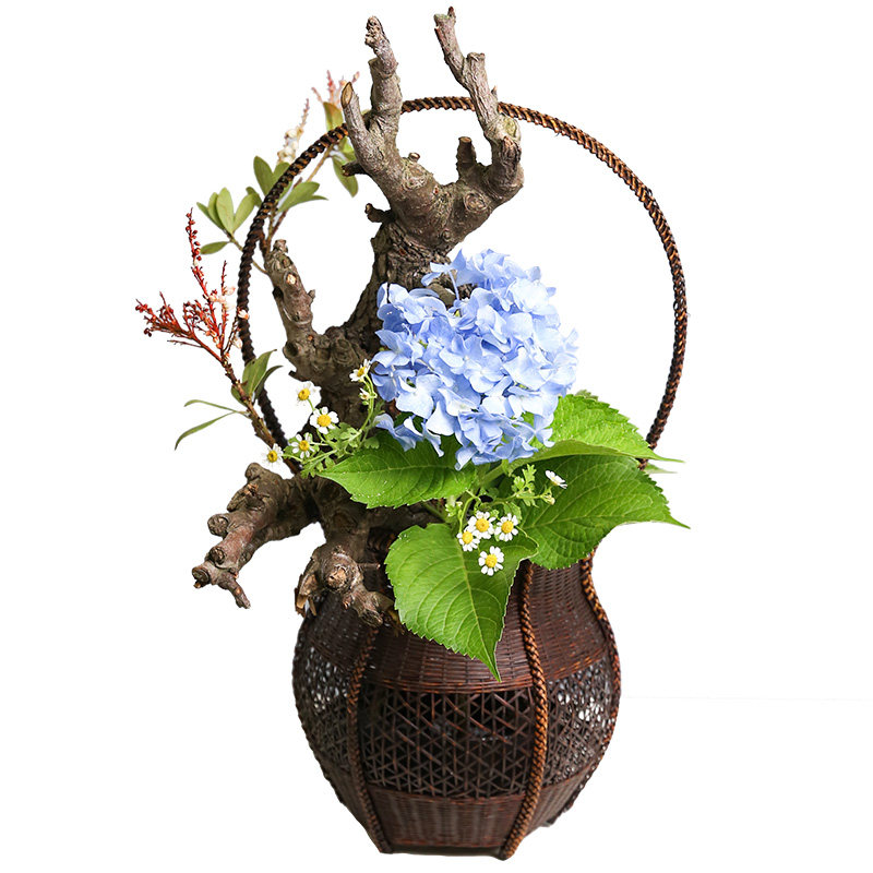剑山插花器鲜花插花花篮竹编小竹篮民间手工中华花艺中式家居摆饰