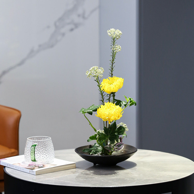 插花剑山中式花器小原三足花盘底座陶瓷花盆花盆