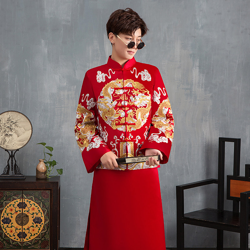 秀禾男装中式结婚结婚礼礼服唐装男士新郎男款旗袍